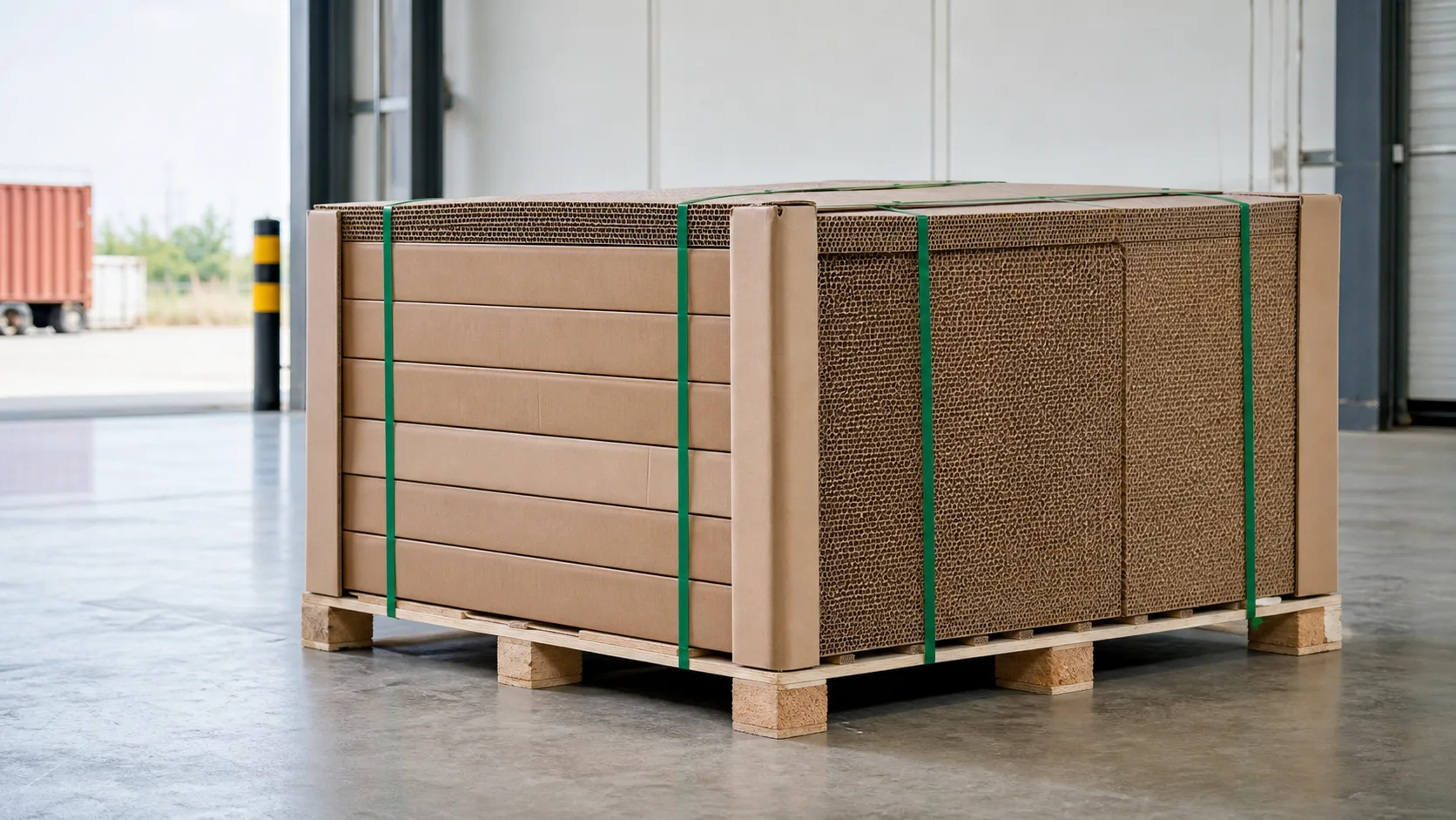 Complete export pallet packaging system with honeycomb cardboard, paper corner protectors and PET strap