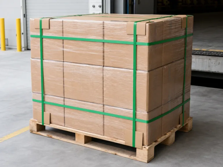 PET strap securing cartons on a pallet with paper edge protectors
